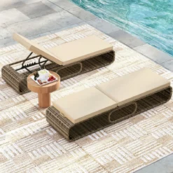 2er Set Rattan Sonnenliege mit Auflage & Verstellbarer Rückenlehne Wetterfeste Balkonliege Khaki/Grau/Beige