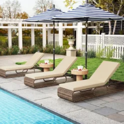 2er Set Rattan Sonnenliege mit Auflage & Verstellbarer Rückenlehne Wetterfeste Balkonliege Khaki/Grau/Beige
