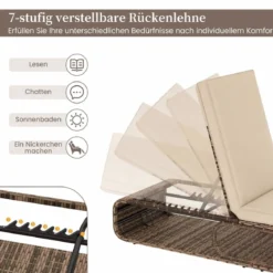 2er Set Rattan Sonnenliege mit Auflage & Verstellbarer Rückenlehne Wetterfeste Balkonliege Khaki/Grau/Beige