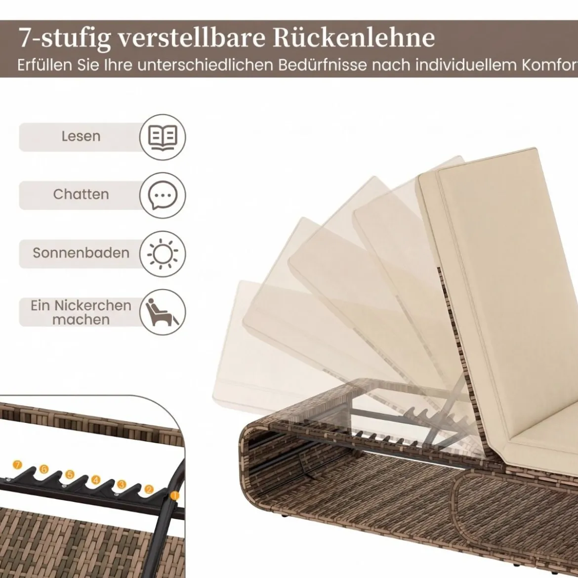 2er Set Rattan Sonnenliege mit Auflage & Verstellbarer Rückenlehne Wetterfeste Balkonliege Khaki/Grau/Beige