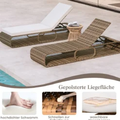 2er Set Rattan Sonnenliege mit Auflage & Verstellbarer Rückenlehne Wetterfeste Balkonliege Khaki/Grau/Beige