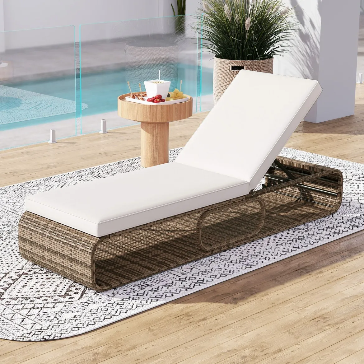 2er Set Rattan Sonnenliege mit Auflage & Verstellbarer Rückenlehne Wetterfeste Balkonliege Khaki/Grau/Beige