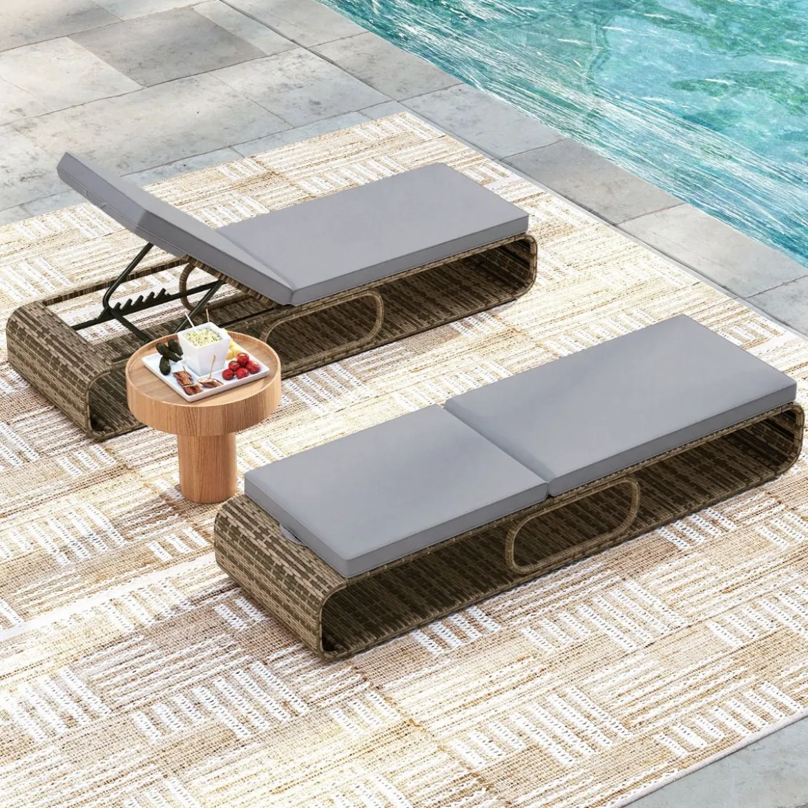 2er Set Rattan Sonnenliege mit Auflage & Verstellbarer Rückenlehne Wetterfeste Balkonliege Khaki/Grau/Beige