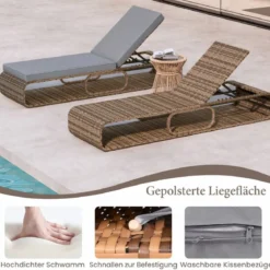 2er Set Rattan Sonnenliege mit Auflage & Verstellbarer Rückenlehne Wetterfeste Balkonliege Khaki/Grau/Beige