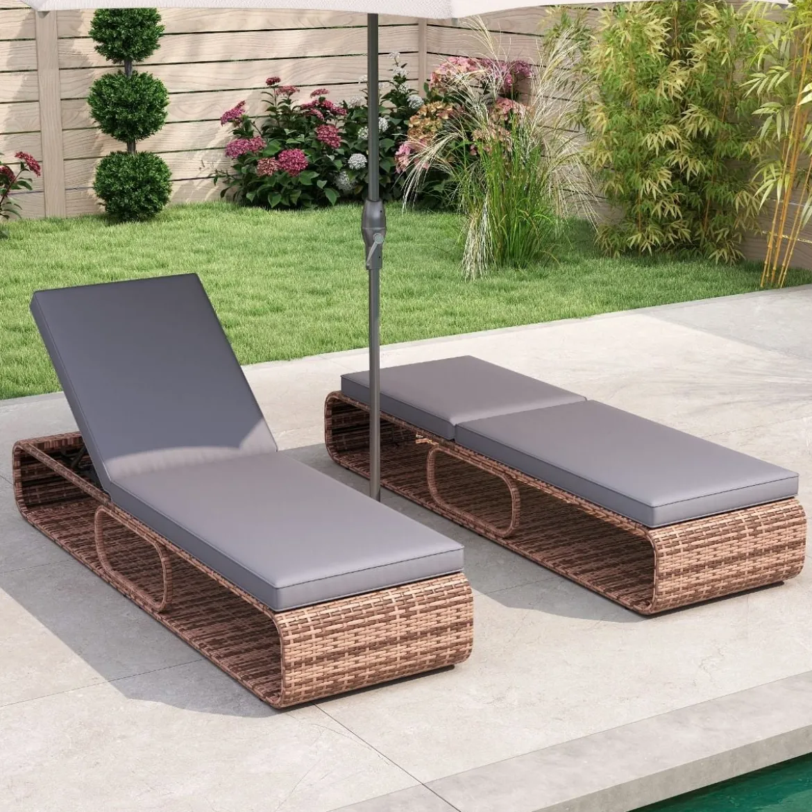 2er Set Rattan Sonnenliege mit Auflage & Verstellbarer Rückenlehne Wetterfeste Balkonliege Khaki/Grau/Beige