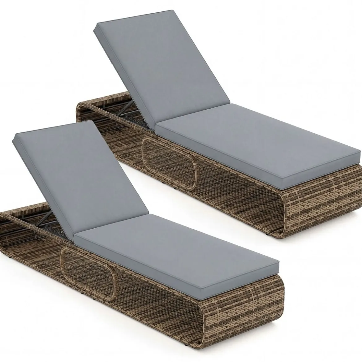 2er Set Rattan Sonnenliege mit Auflage & Verstellbarer Rückenlehne Wetterfeste Balkonliege Khaki/Grau/Beige