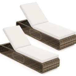 2er Set Rattan Sonnenliege mit Auflage & Verstellbarer Rückenlehne Wetterfeste Balkonliege Khaki/Grau/Beige