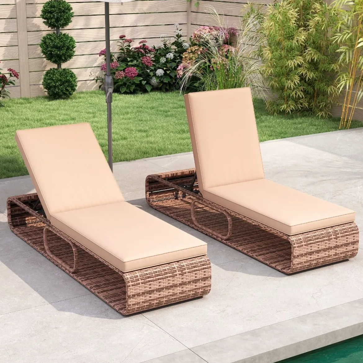 2er Set Rattan Sonnenliege mit Auflage & Verstellbarer Rückenlehne Wetterfeste Balkonliege Khaki/Grau/Beige