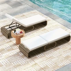 2er Set Rattan Sonnenliege mit Auflage & Verstellbarer Rückenlehne Wetterfeste Balkonliege Khaki/Grau/Beige