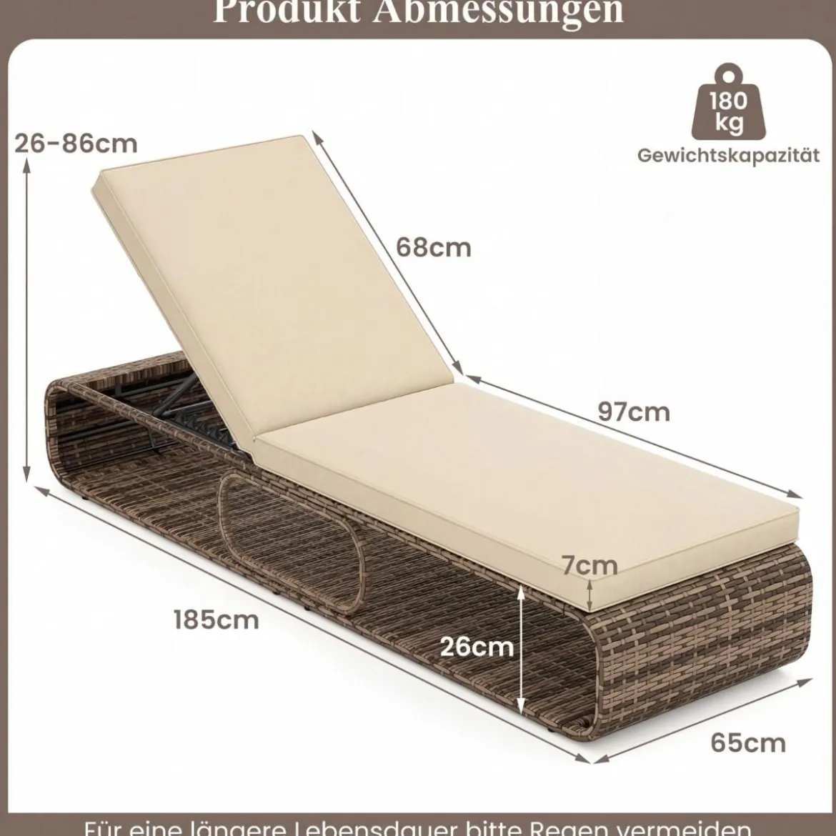 2er Set Rattan Sonnenliege mit Auflage & Verstellbarer Rückenlehne Wetterfeste Balkonliege Khaki/Grau/Beige