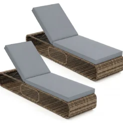2er Set Rattan Sonnenliege mit Auflage & Verstellbarer Rückenlehne Wetterfeste Balkonliege Khaki/Grau/Beige
