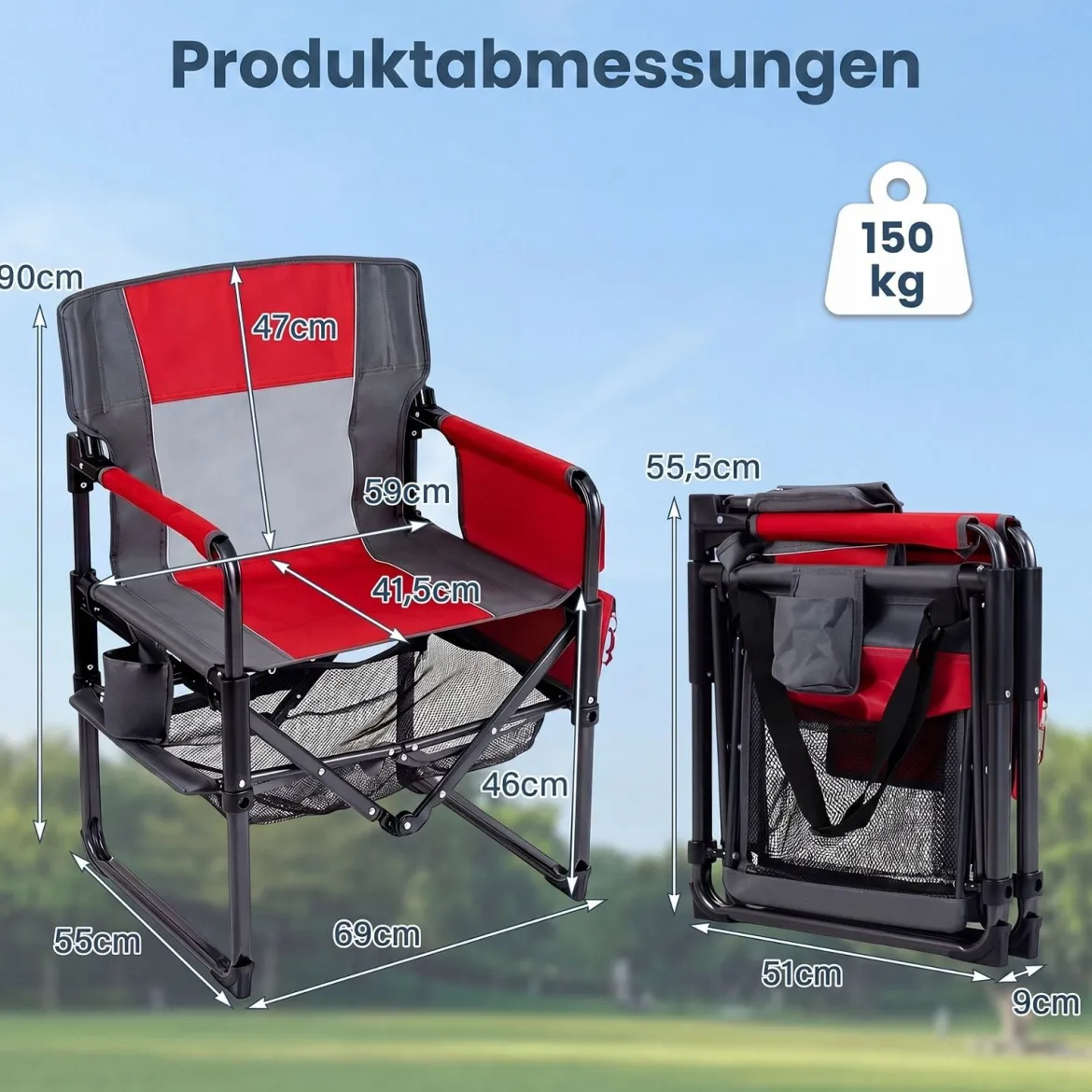 2er Set Regiestuhl Klappbar Campingstuhl mit Mesh-Ablage Getränkehalter & Flaschenöffner bis 150 kg Belastbar Rot