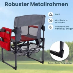 2er Set Regiestuhl Klappbar Campingstuhl mit Mesh-Ablage Getränkehalter & Flaschenöffner bis 150 kg Belastbar Rot