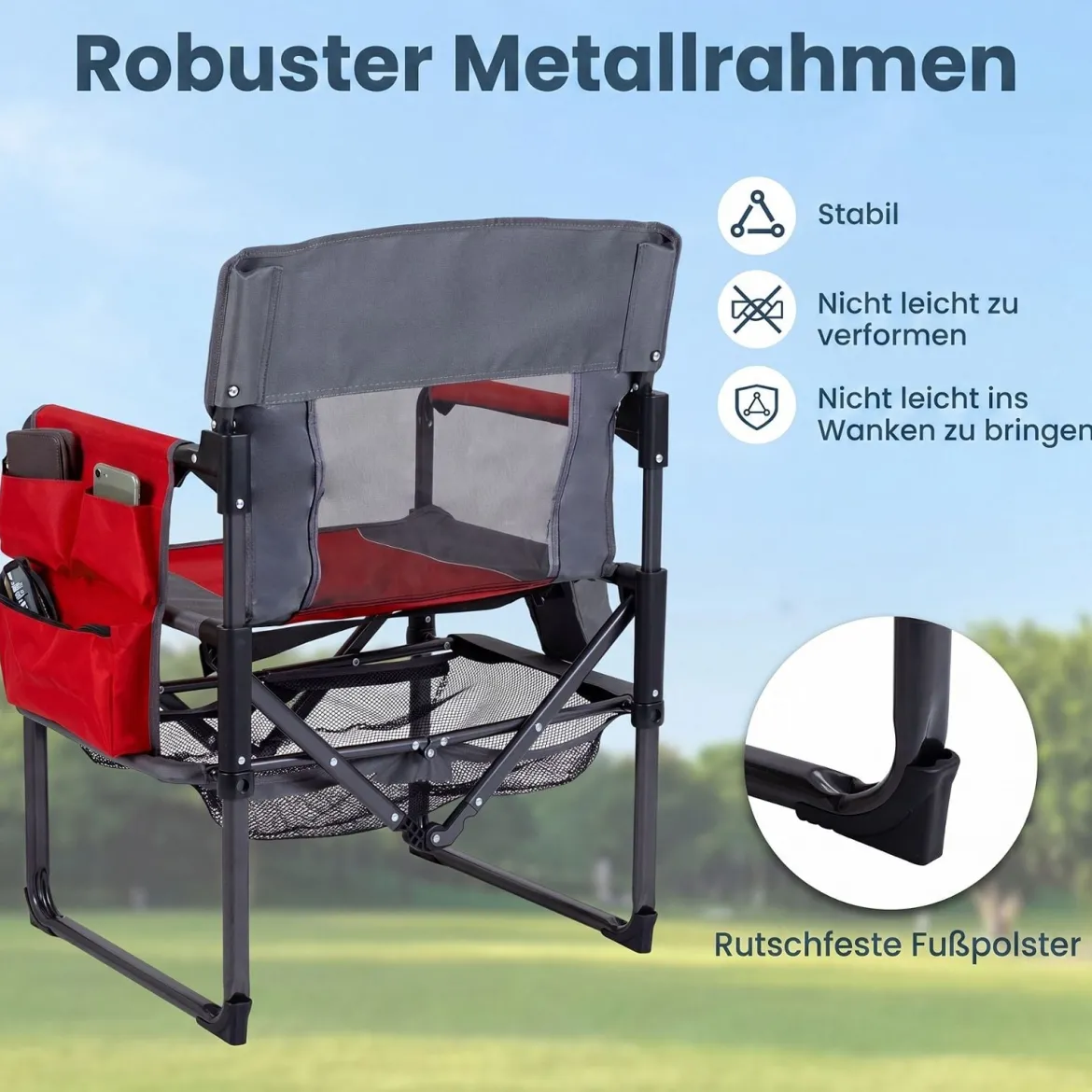2er Set Regiestuhl Klappbar Campingstuhl mit Mesh-Ablage Getränkehalter & Flaschenöffner bis 150 kg Belastbar Rot