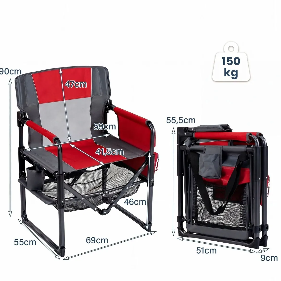2er Set Regiestuhl Klappbar Campingstuhl mit Mesh-Ablage Getränkehalter & Flaschenöffner bis 150 kg Belastbar Rot