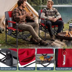 2er Set Regiestuhl Klappbar Campingstuhl mit Mesh-Ablage Getränkehalter & Flaschenöffner bis 150 kg Belastbar Rot