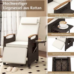 2er Set Relaxliege Rattan Liegesessel mit weichen Kissen Verstellbarer Rückenlehne und Fußstütze Liegestuhl Grau/Weiß