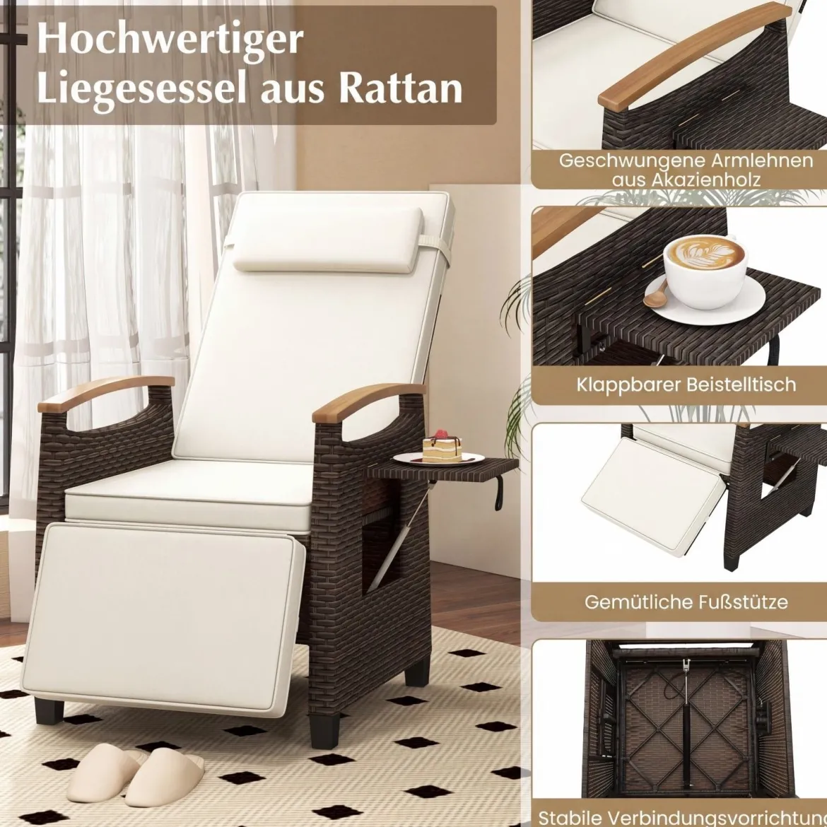 2er Set Relaxliege Rattan Liegesessel mit weichen Kissen Verstellbarer Rückenlehne und Fußstütze Liegestuhl Grau/Weiß