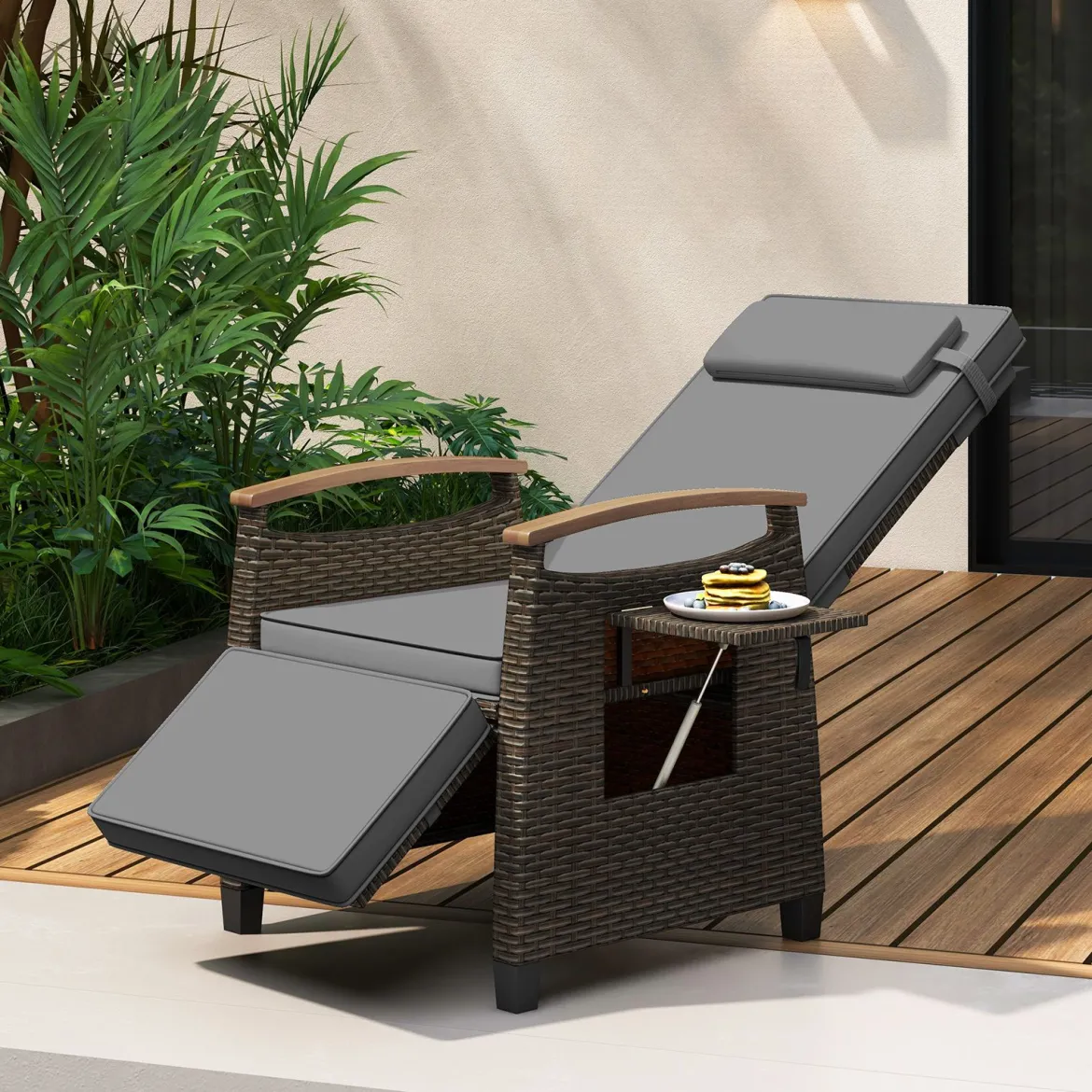 2er Set Relaxliege Rattan Liegesessel mit weichen Kissen Verstellbarer Rückenlehne und Fußstütze Liegestuhl Grau/Weiß
