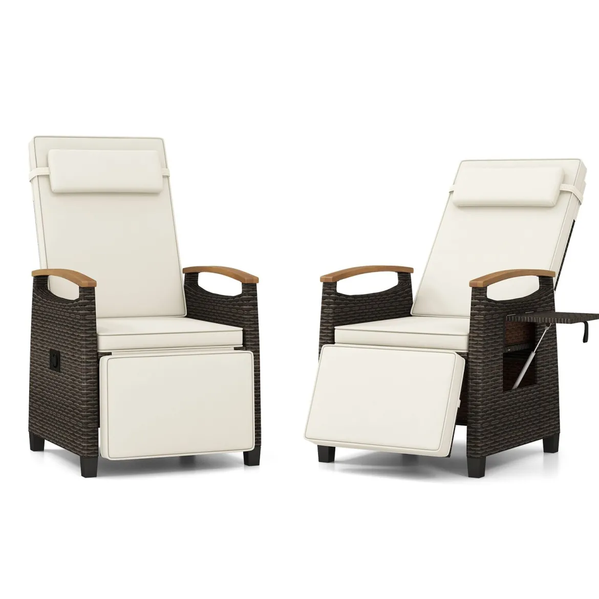 2er Set Relaxliege Rattan Liegesessel mit weichen Kissen Verstellbarer Rückenlehne und Fußstütze Liegestuhl Grau/Weiß