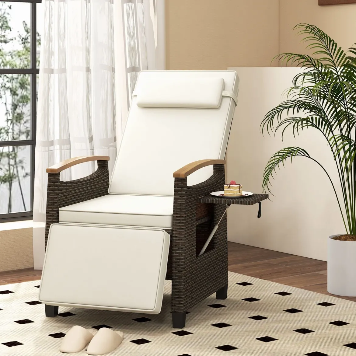 2er Set Relaxliege Rattan Liegesessel mit weichen Kissen Verstellbarer Rückenlehne und Fußstütze Liegestuhl Grau/Weiß