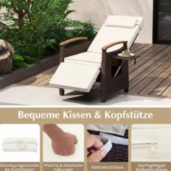 2er Set Relaxliege Rattan Liegesessel mit weichen Kissen Verstellbarer Rückenlehne und Fußstütze Liegestuhl Grau/Weiß