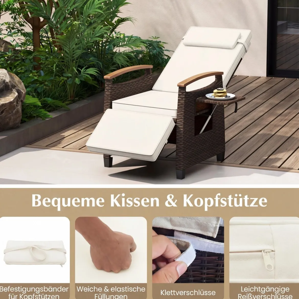 2er Set Relaxliege Rattan Liegesessel mit weichen Kissen Verstellbarer Rückenlehne und Fußstütze Liegestuhl Grau/Weiß