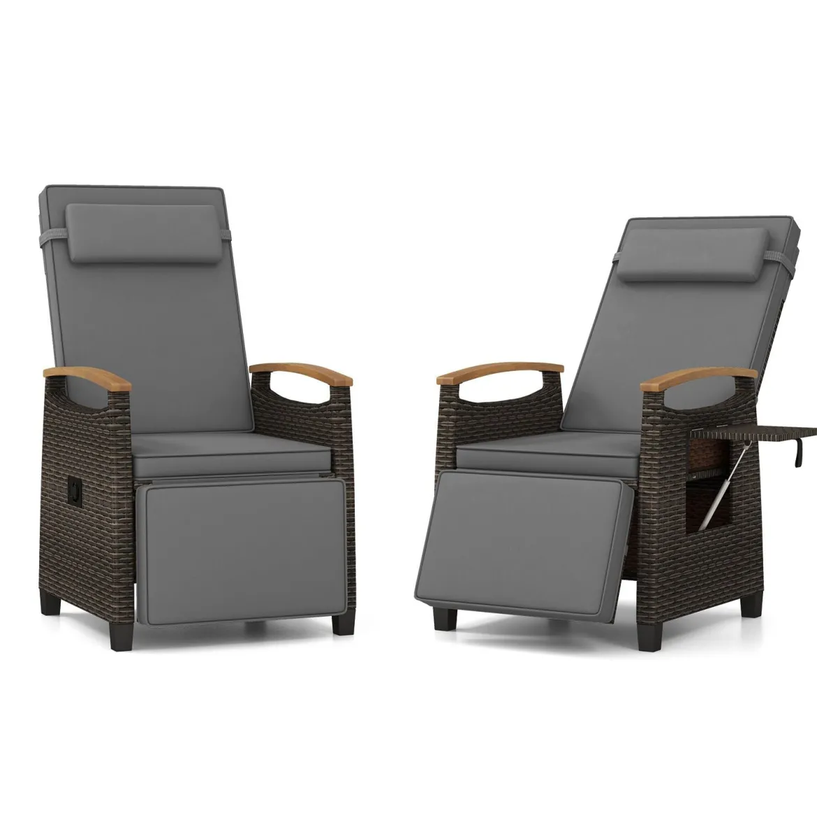 2er Set Relaxliege Rattan Liegesessel mit weichen Kissen Verstellbarer Rückenlehne und Fußstütze Liegestuhl Grau/Weiß
