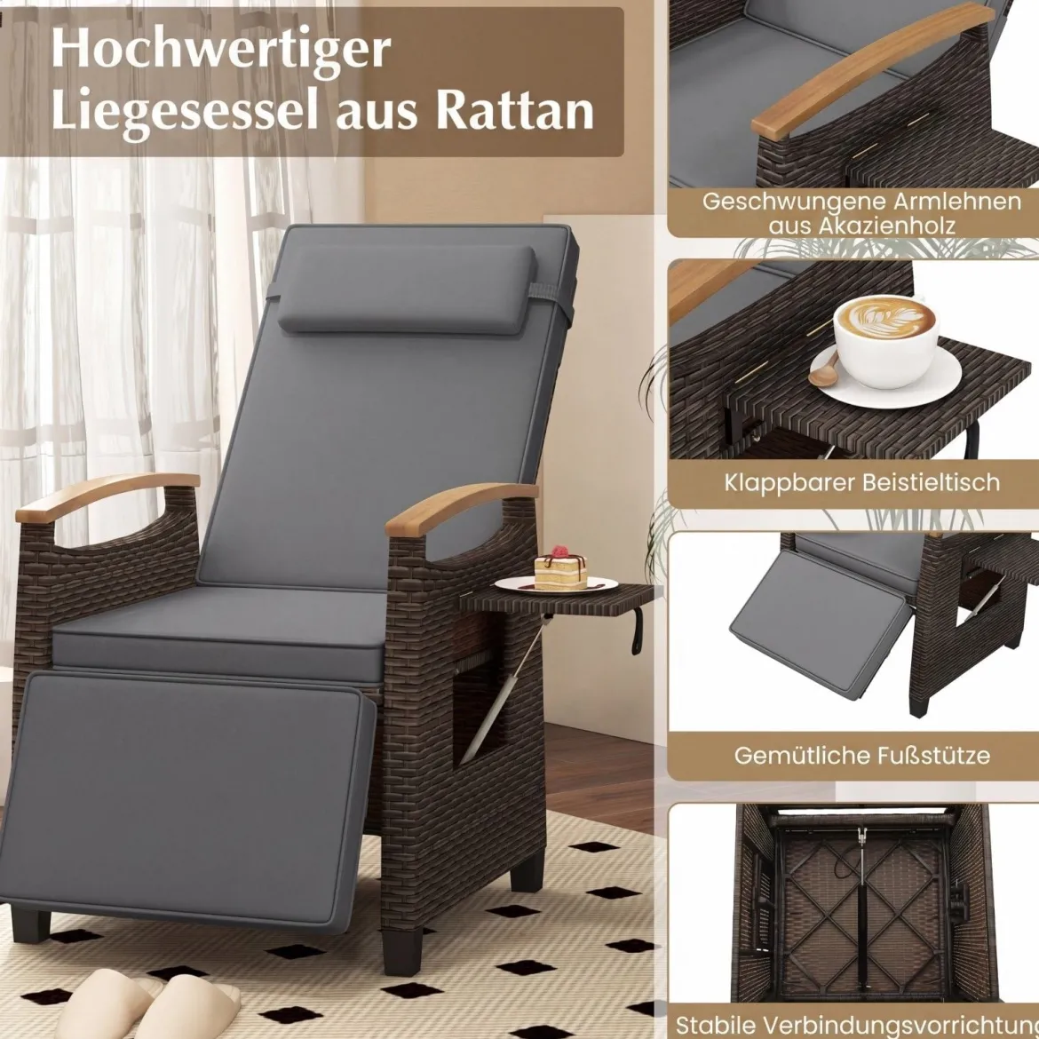 2er Set Relaxliege Rattan Liegesessel mit weichen Kissen Verstellbarer Rückenlehne und Fußstütze Liegestuhl Grau/Weiß