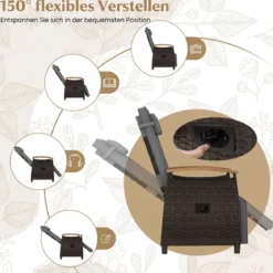 2er Set Relaxliege Rattan Liegesessel mit weichen Kissen Verstellbarer Rückenlehne und Fußstütze Liegestuhl Grau/Weiß