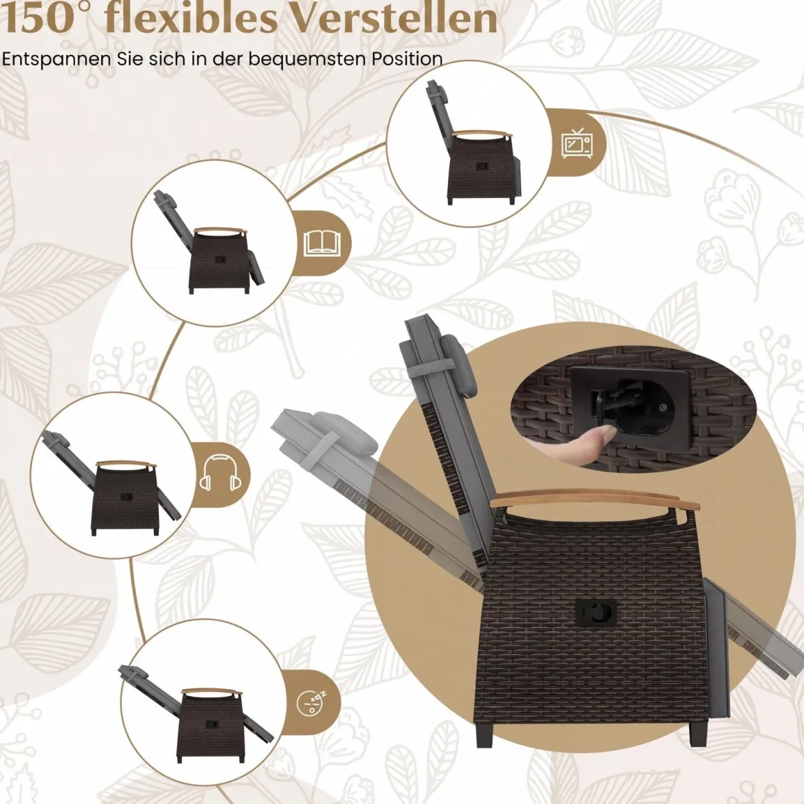 2er Set Relaxliege Rattan Liegesessel mit weichen Kissen Verstellbarer Rückenlehne und Fußstütze Liegestuhl Grau/Weiß