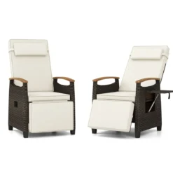 2er Set Relaxliege Rattan Liegesessel mit weichen Kissen Verstellbarer Rückenlehne und Fußstütze Liegestuhl Grau/Weiß