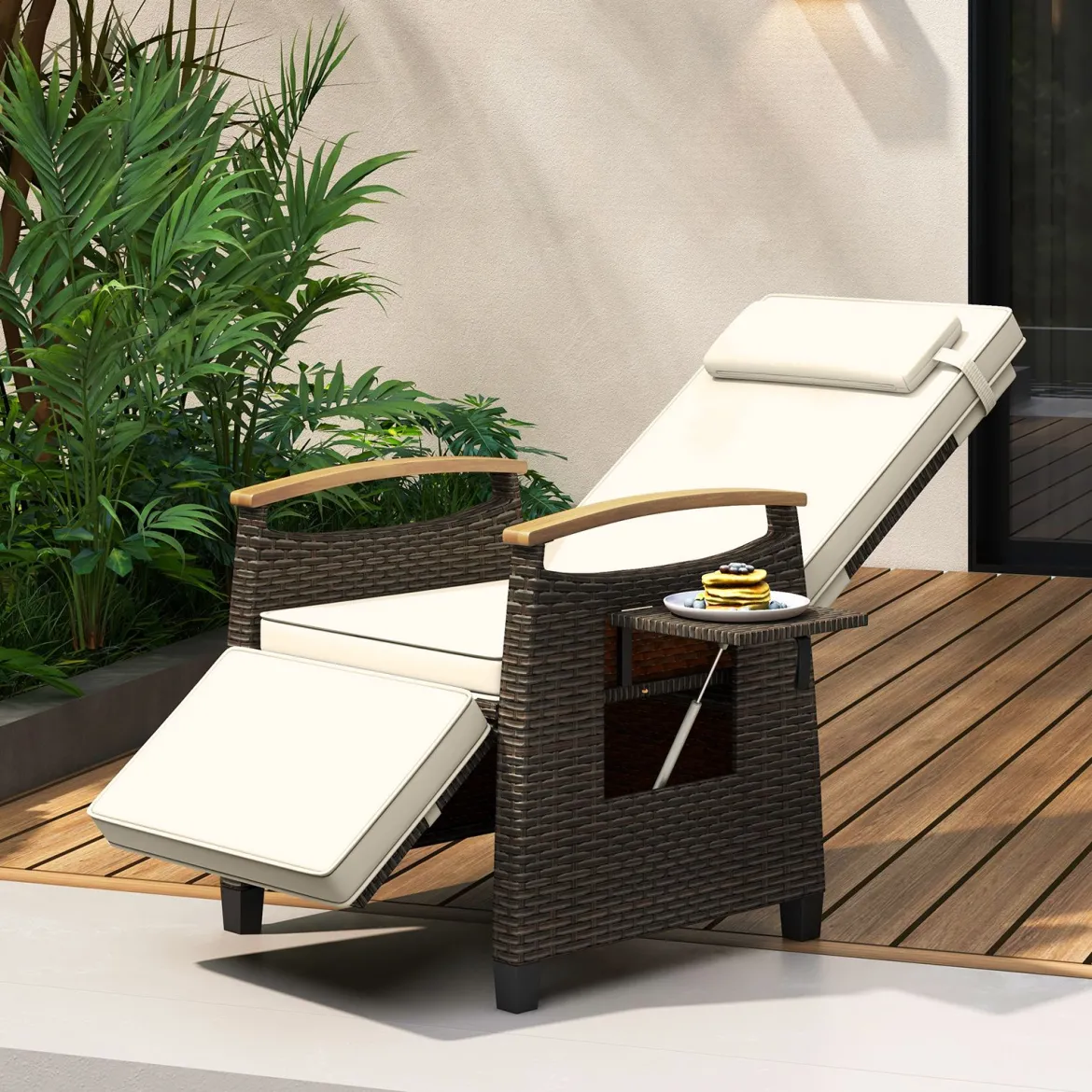 2er Set Relaxliege Rattan Liegesessel mit weichen Kissen Verstellbarer Rückenlehne und Fußstütze Liegestuhl Grau/Weiß