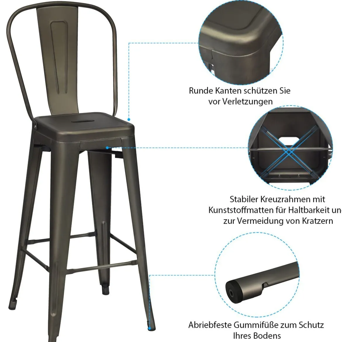 4er Set Restaurantstühle mit Abnehmbarer Rückenlehne & Fußpolstern Metallstühle Rotguss