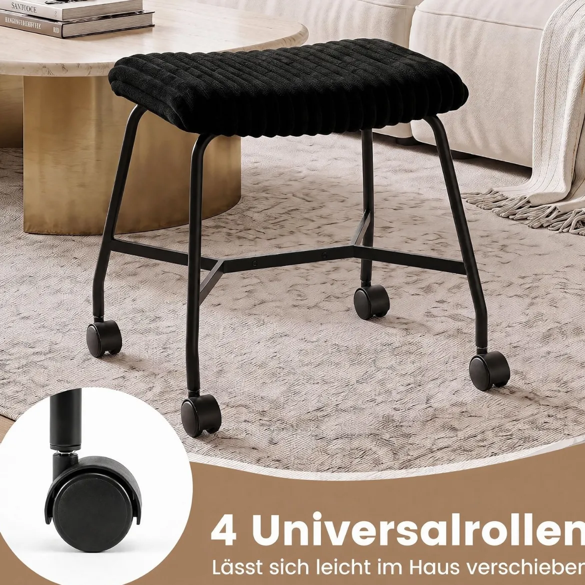 2er Set Rollhocker Gepolstert mit Gewölbter Sitzfläche & 4 Leichtgängigen Rollen Schwarz
