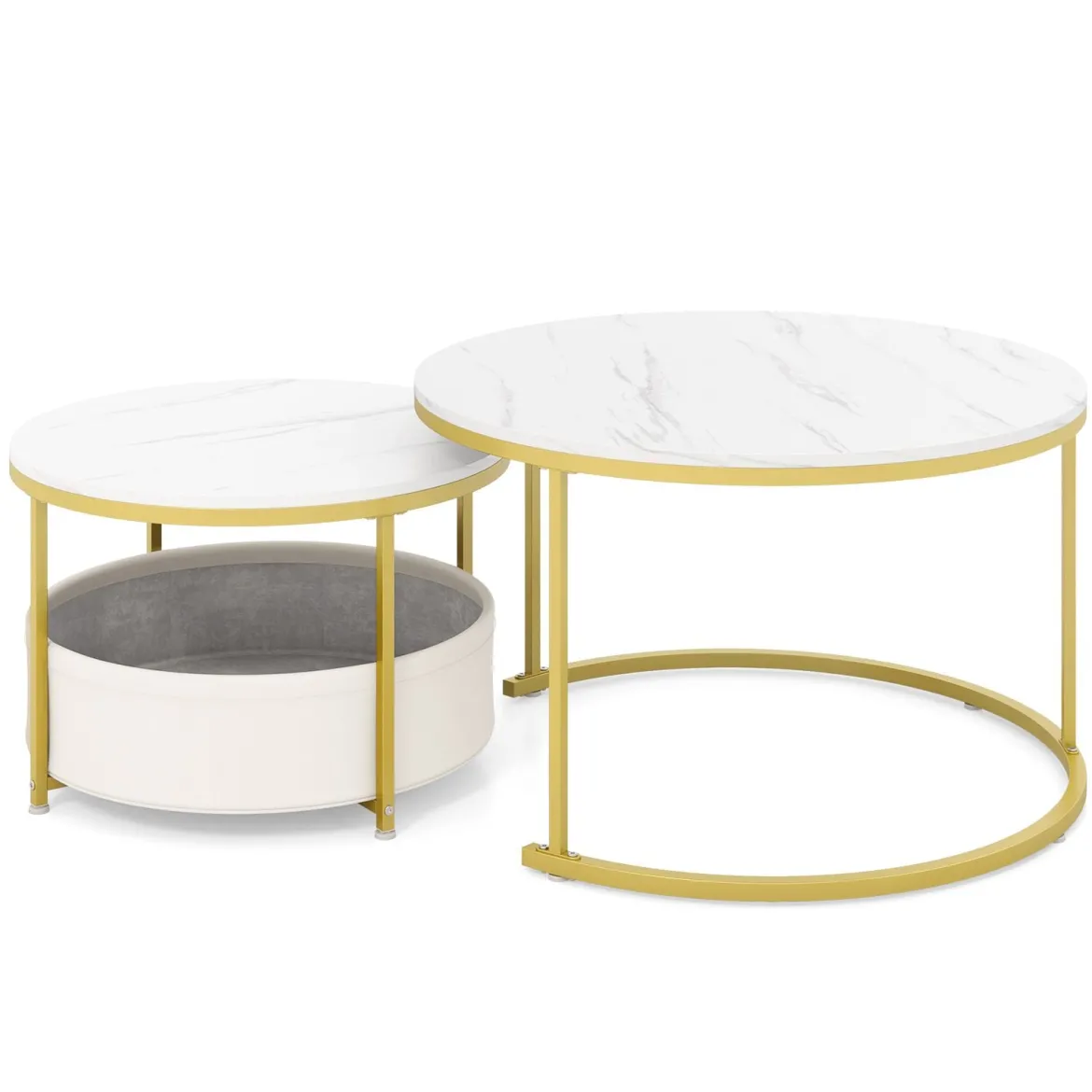 2er-Set runder Couchtisch runde Cocktailtische mit Stoff-Aufbewahrungskorb & Metallrahmen verschachtelbarer Beistelltisch Weiß