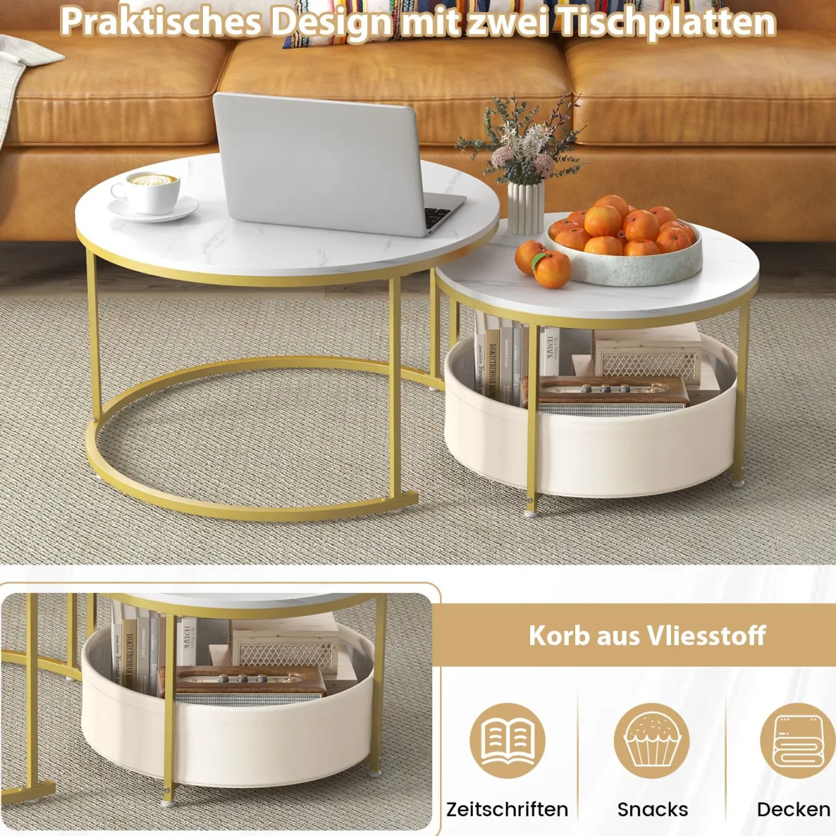 2er-Set runder Couchtisch runde Cocktailtische mit Stoff-Aufbewahrungskorb & Metallrahmen verschachtelbarer Beistelltisch Weiß