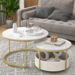 2er-Set runder Couchtisch runde Cocktailtische mit Stoff-Aufbewahrungskorb & Metallrahmen verschachtelbarer Beistelltisch Weiß