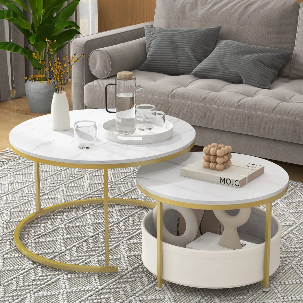 2er-Set runder Couchtisch runde Cocktailtische mit Stoff-Aufbewahrungskorb & Metallrahmen verschachtelbarer Beistelltisch Weiß