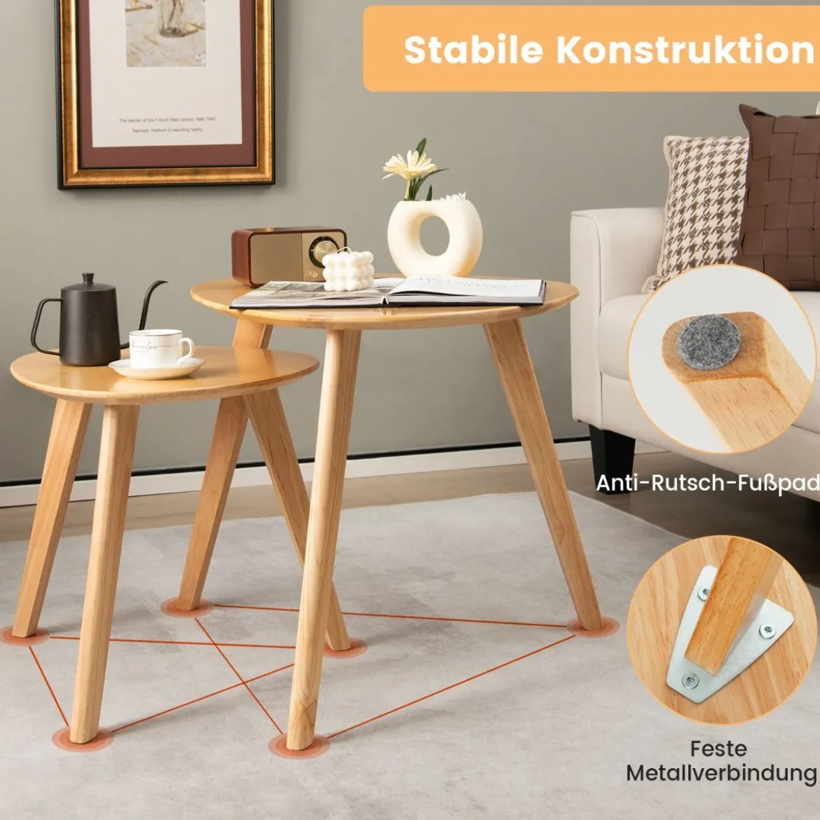 2er Set Satztisch Holz Couchtisch dreieckig Beistelltisch Kaffeetisch Wohnzimmertisch Natur