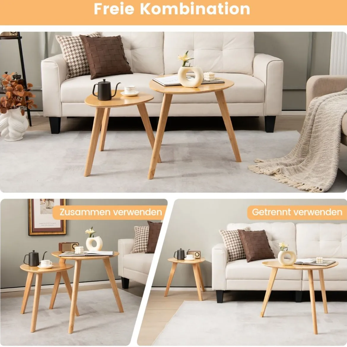 2er Set Satztisch Holz Couchtisch dreieckig Beistelltisch Kaffeetisch Wohnzimmertisch Natur