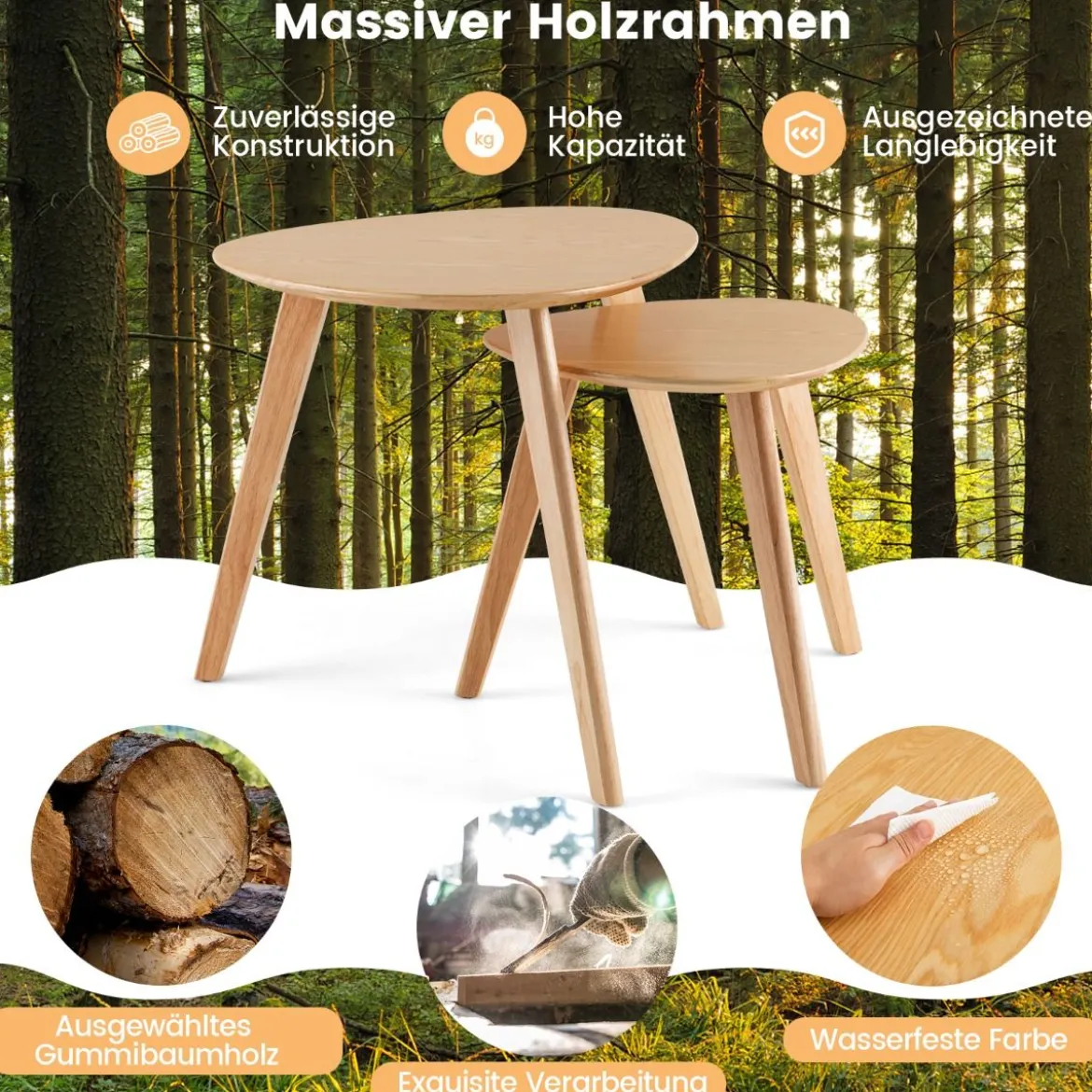 2er Set Satztisch Holz Couchtisch dreieckig Beistelltisch Kaffeetisch Wohnzimmertisch Natur