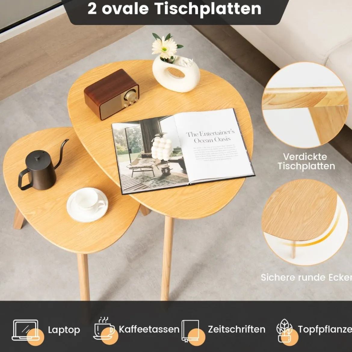 2er Set Satztisch Holz Couchtisch dreieckig Beistelltisch Kaffeetisch Wohnzimmertisch Natur