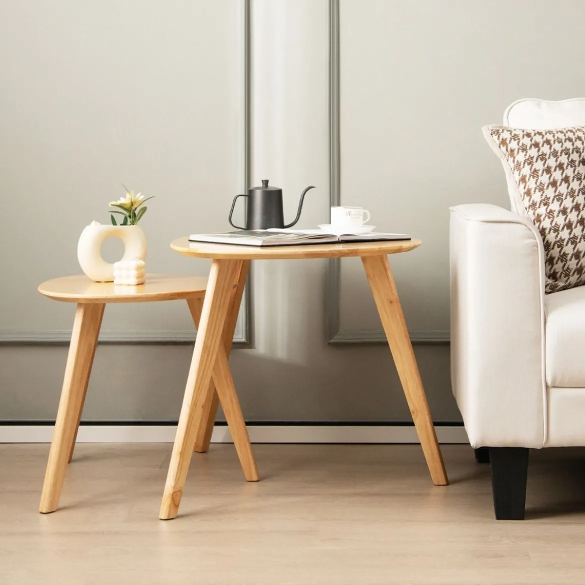 2er Set Satztisch Holz Couchtisch dreieckig Beistelltisch Kaffeetisch Wohnzimmertisch Natur