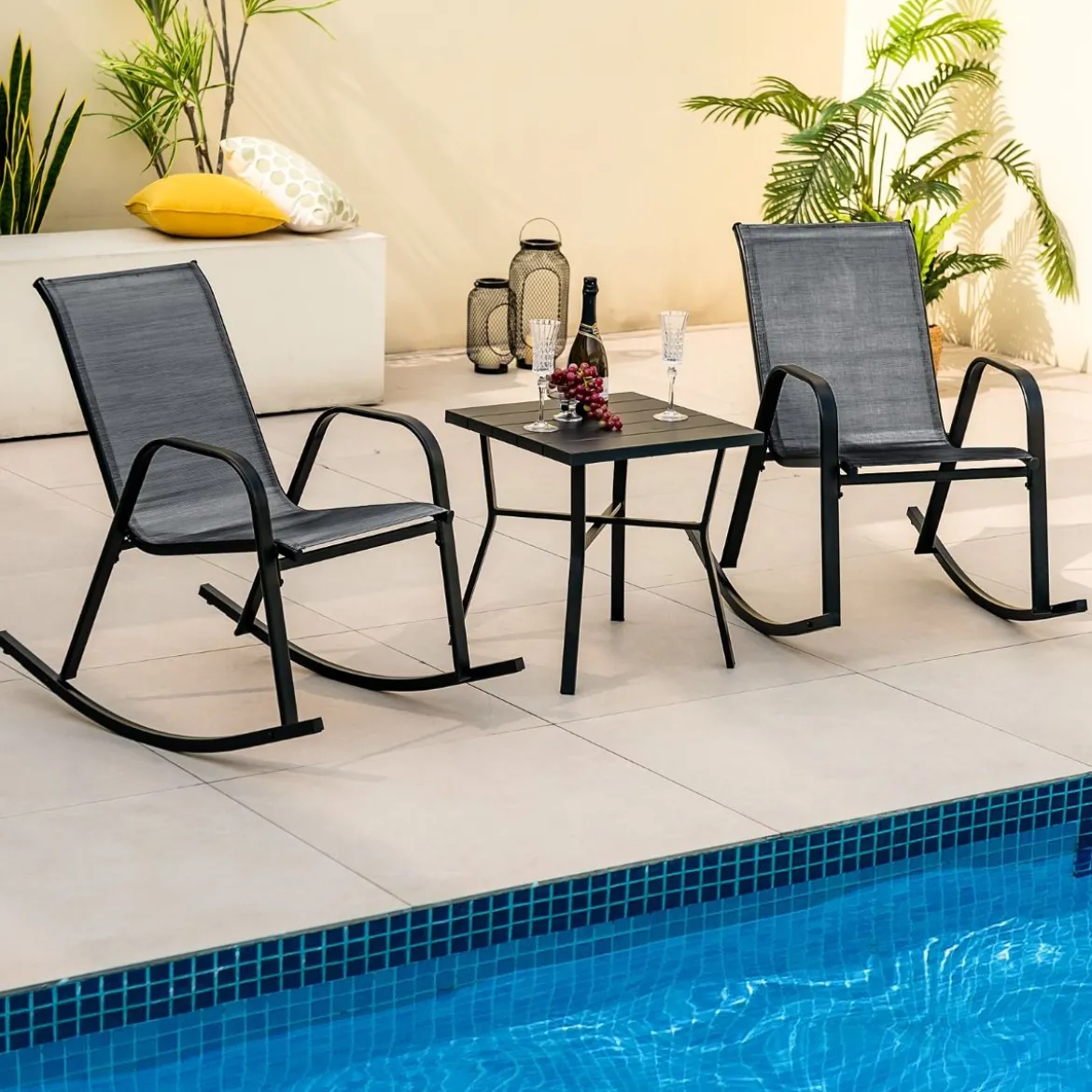 2er Set Schaukelstühle mit Atmungsaktivem Stoffsitz Ergonomische Terrassenstühle