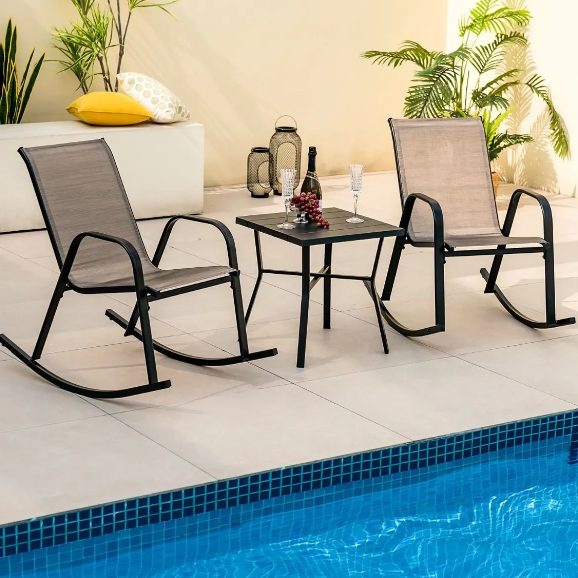 2er Set Schaukelstühle mit Atmungsaktivem Stoffsitz Ergonomische Terrassenstühle