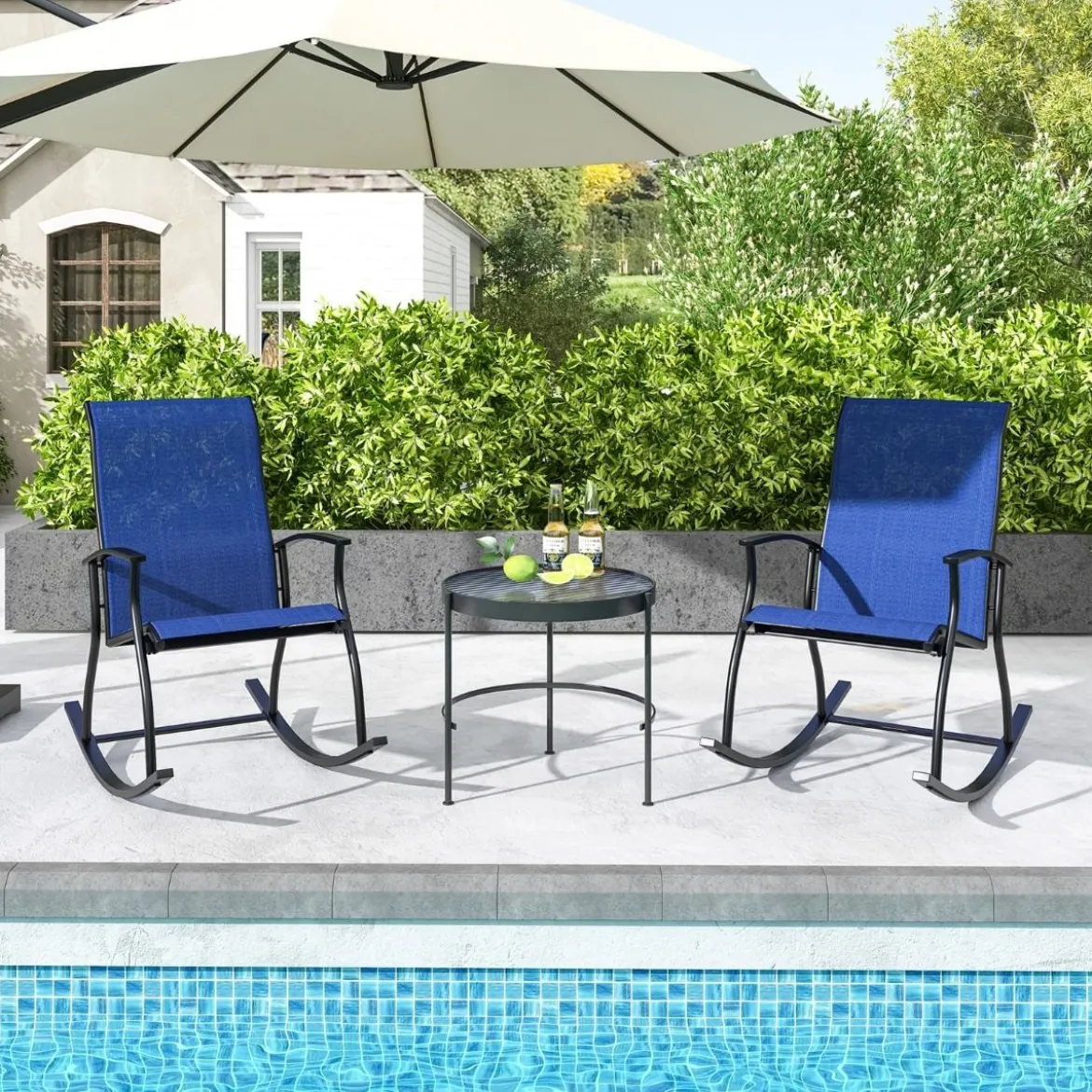 2er Set Schaukelstühle Schaukelsessel mit hoher Rückenlehne und atmungsaktivem Sitzstoff 102 x 68 x 100 cm Marineblau + Schwarz