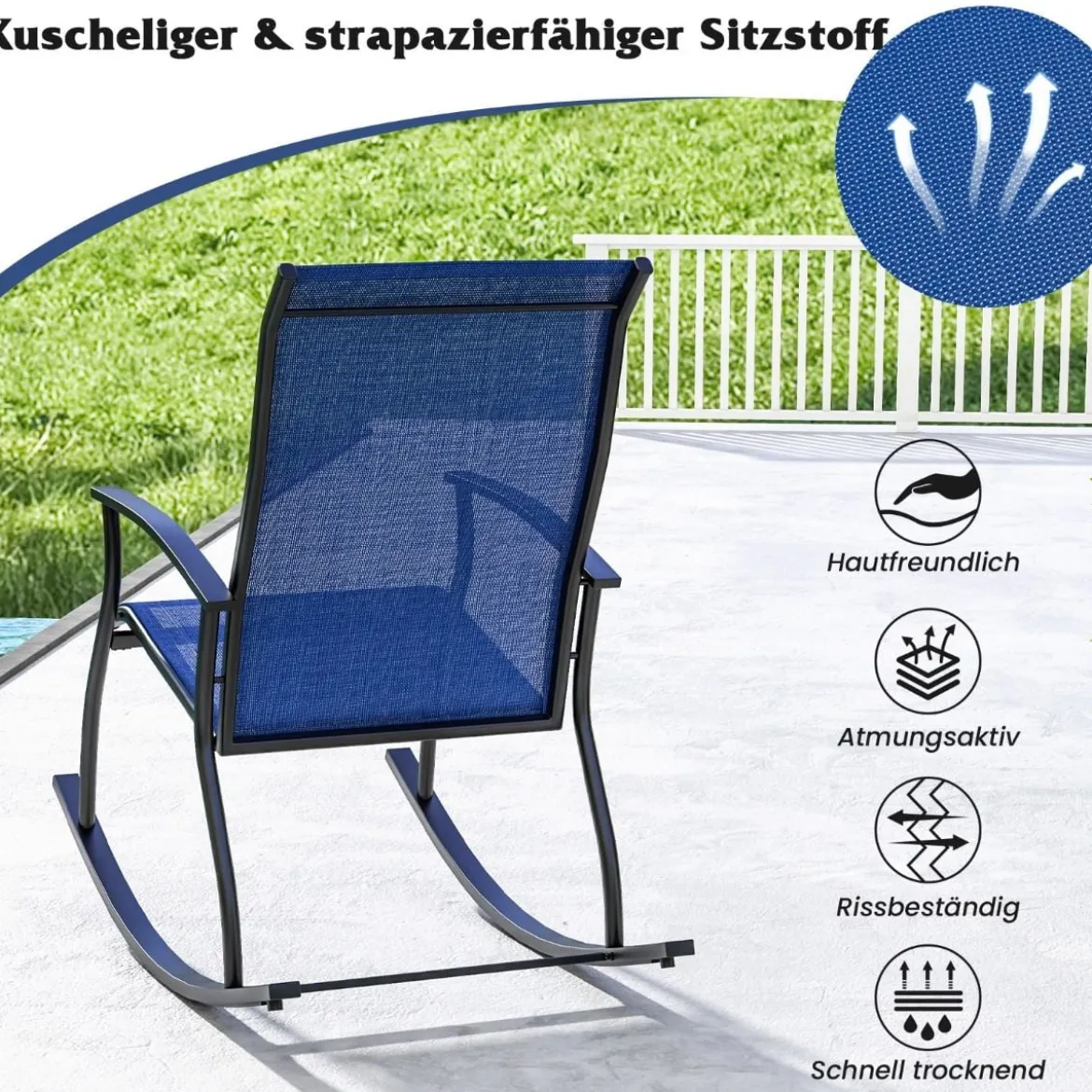 2er Set Schaukelstühle Schaukelsessel mit hoher Rückenlehne und atmungsaktivem Sitzstoff 102 x 68 x 100 cm Marineblau + Schwarz