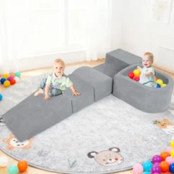 5er Set Schaumstoff Bausteine mit Ballgrube (Bälle nicht enthalten) & Cordstoff-Bezügen Kletterblöcke Spielbausteine Grau