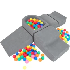 5er Set Schaumstoff Bausteine mit Ballgrube (Bälle nicht enthalten) & Cordstoff-Bezügen Kletterblöcke Spielbausteine Grau